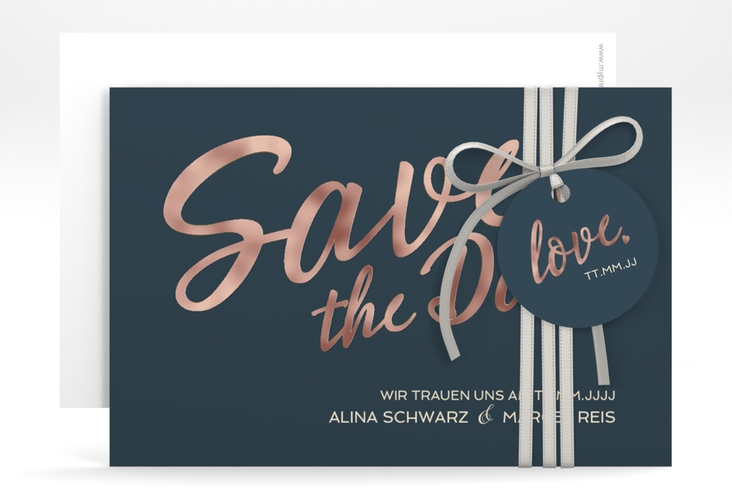 Save the Date-Karte Glam A6 Karte quer blau rosegold
