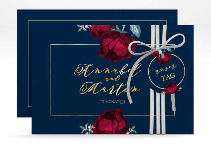 Save the Date-Karte Peonies A6 Karte quer blau gold elegant mit Pfingstrosen