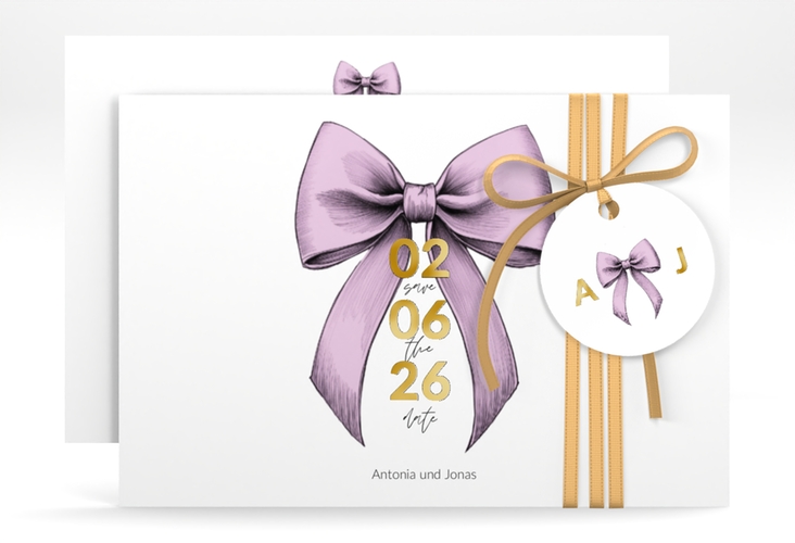 Save the Date-Karte Schleife A6 Karte quer rosa gold
