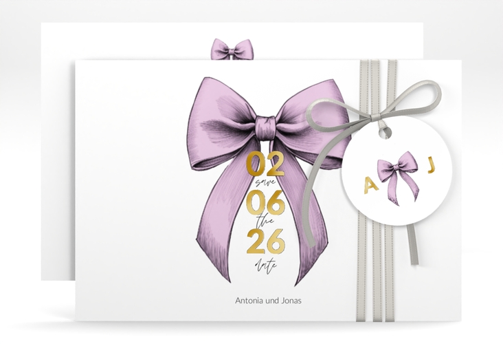 Save the Date-Karte Schleife A6 Karte quer rosa gold