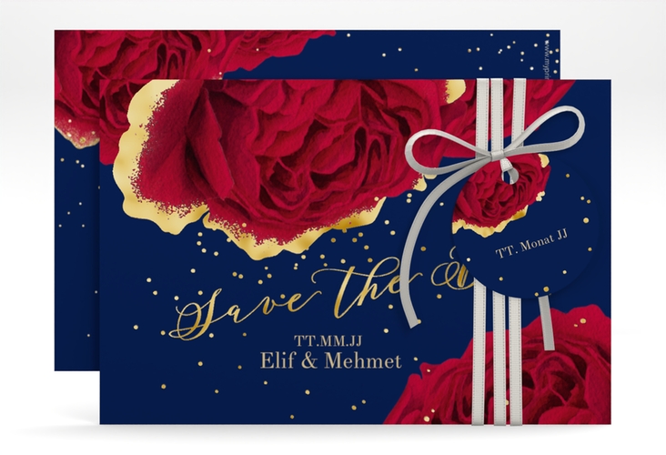 Save the Date-Karte Cherie A6 Karte quer blau gold