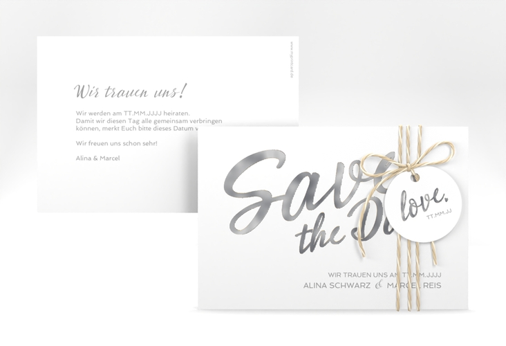 Save the Date-Karte Glam A6 Karte quer weiss silber