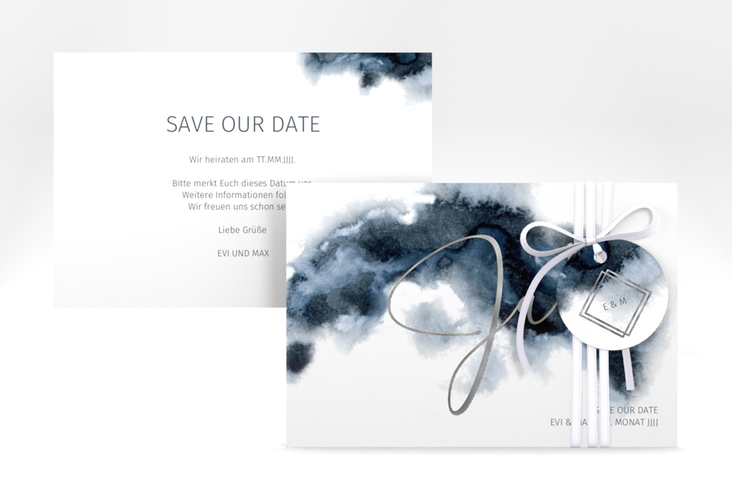 Save the Date-Karte Aquarellic A6 Karte quer weiss silber