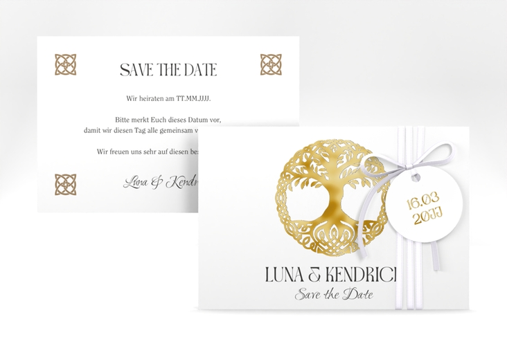 Save the Date-Karte Lebensbaum A6 Karte quer weiss gold im Stil der Kelten und Wikinger