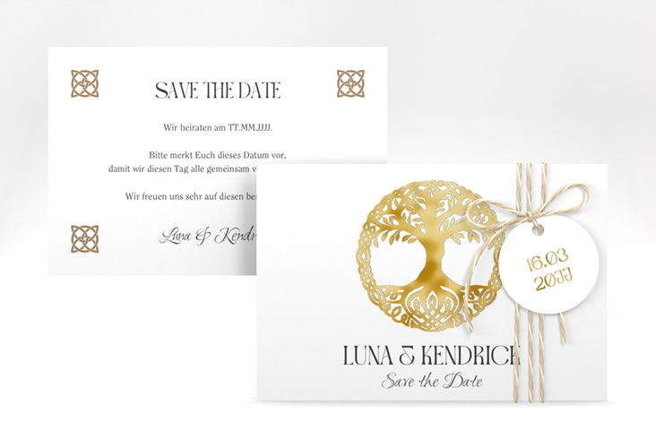 Save the Date-Karte Lebensbaum A6 Karte quer weiss gold im Stil der Kelten und Wikinger