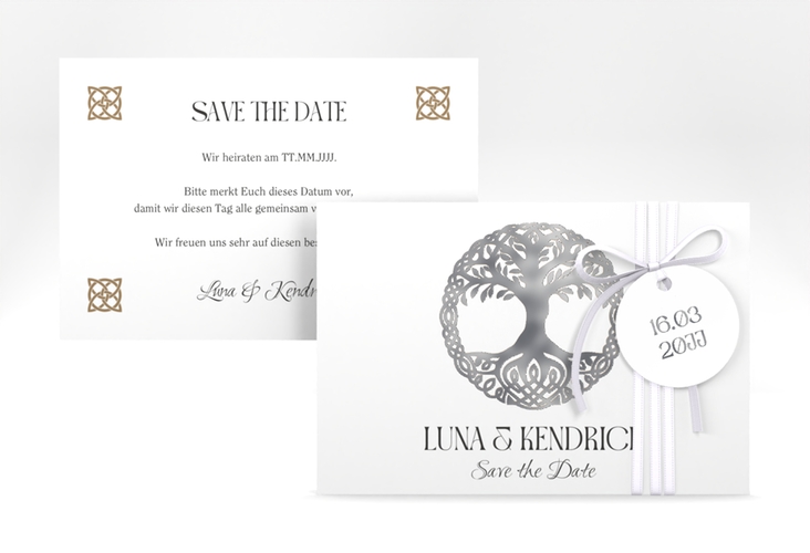 Save the Date-Karte Lebensbaum A6 Karte quer weiss silber im Stil der Kelten und Wikinger