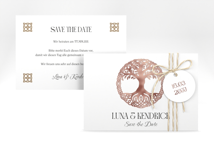 Save the Date-Karte Lebensbaum A6 Karte quer weiss rosegold im Stil der Kelten und Wikinger