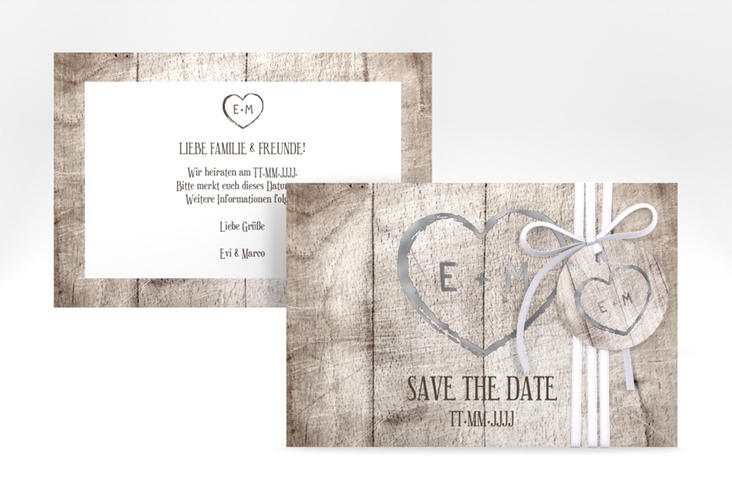 Save the Date-Karte Wood A6 Karte quer weiss silber in Holz-Optik mit Herz und Initialen