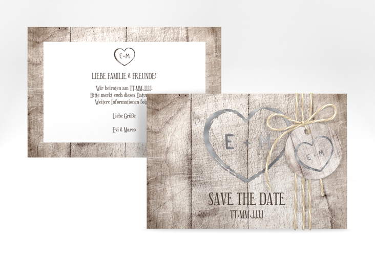 Save the Date-Karte Wood A6 Karte quer weiss silber in Holz-Optik mit Herz und Initialen