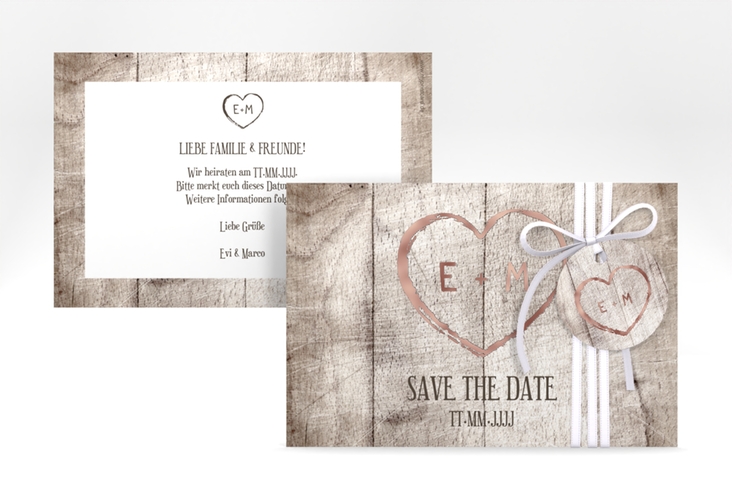Save the Date-Karte Wood A6 Karte quer weiss rosegold in Holz-Optik mit Herz und Initialen