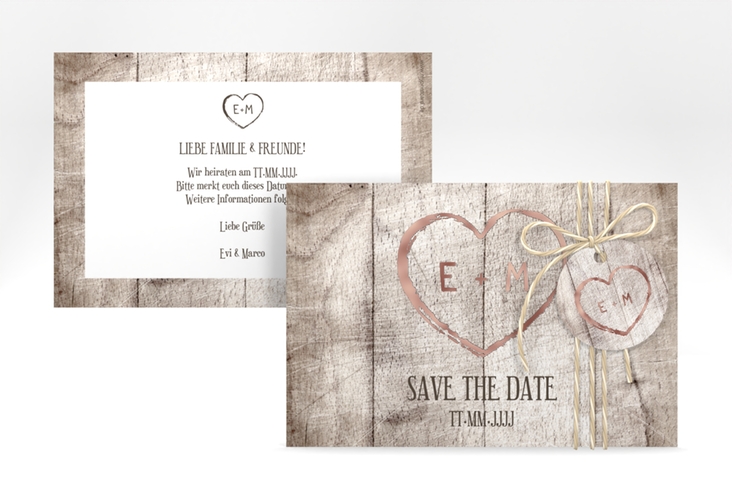 Save the Date-Karte Wood A6 Karte quer weiss rosegold in Holz-Optik mit Herz und Initialen