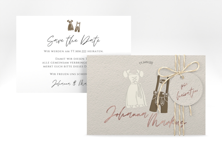 Save the Date-Karte Trachtenhochzeit A6 Karte quer beige rosegold mit Dirndl und Lederhose