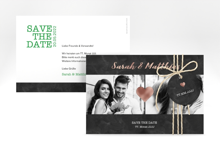 Save the Date-Karte Sparkly A6 Karte quer gruen rosegold