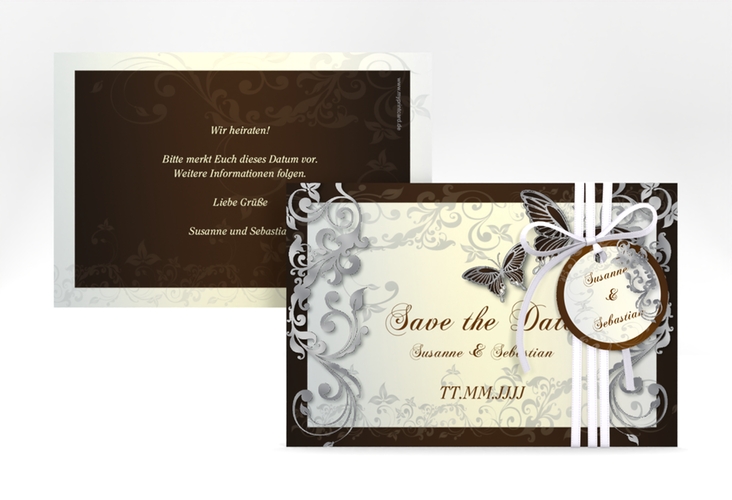 Save the Date-Karte Hochzeit Toulouse A6 Karte quer braun silber romantisch mit Schmetterlingen