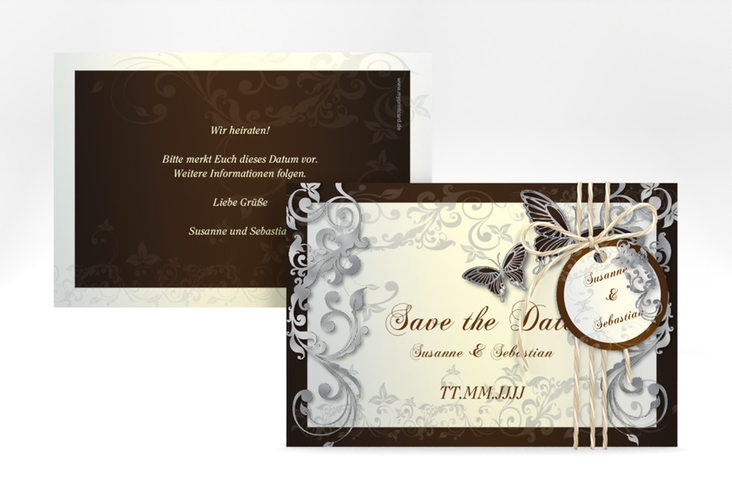 Save the Date-Karte Hochzeit Toulouse A6 Karte quer braun silber romantisch mit Schmetterlingen