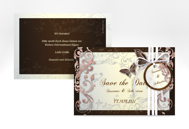 Save the Date-Karte Hochzeit Toulouse A6 Karte quer braun rosegold romantisch mit Schmetterlingen