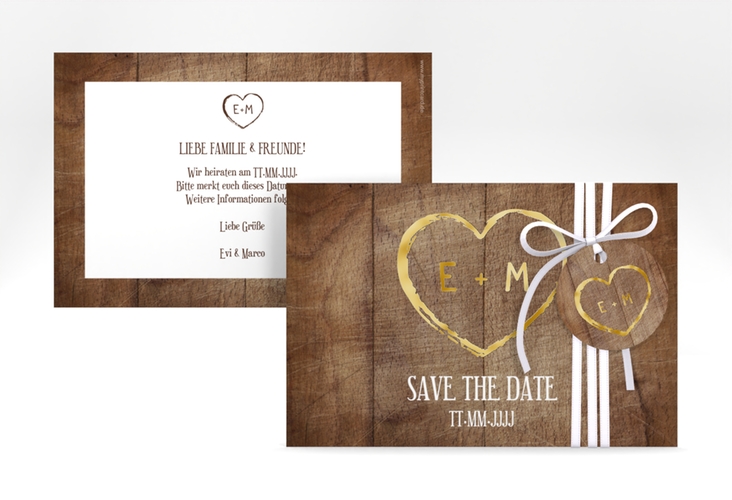 Save the Date-Karte Wood A6 Karte quer braun gold in Holz-Optik mit Herz und Initialen