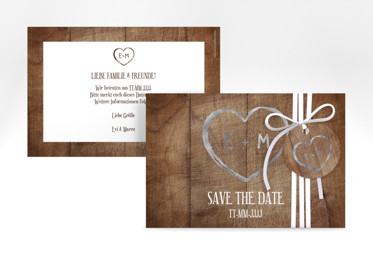 Save the Date-Karte Wood A6 Karte quer braun silber in Holz-Optik mit Herz und Initialen