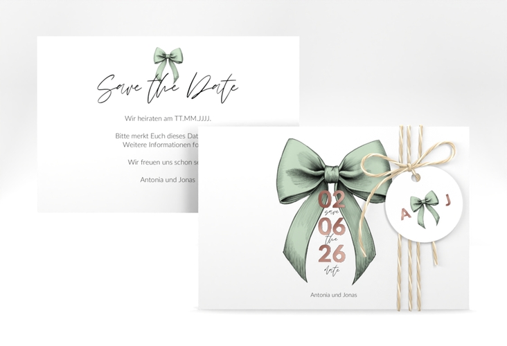 Save the Date-Karte Schleife A6 Karte quer gruen rosegold