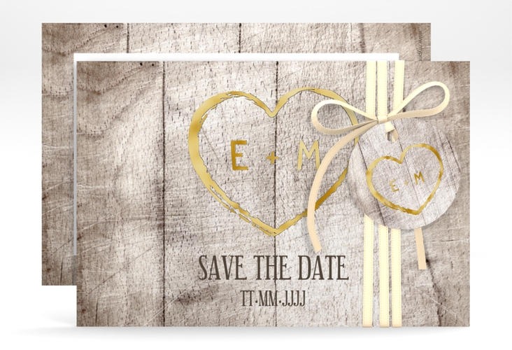 Save the Date-Karte Wood A6 Karte quer weiss gold in Holz-Optik mit Herz und Initialen