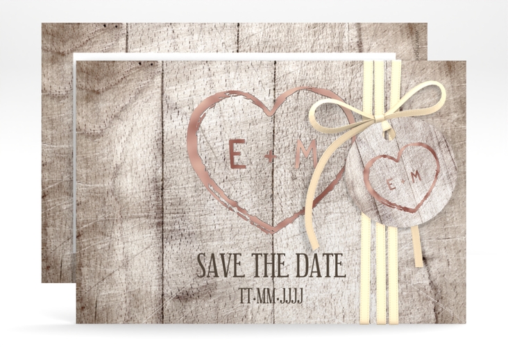 Save the Date-Karte Wood A6 Karte quer weiss rosegold in Holz-Optik mit Herz und Initialen
