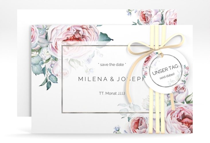 Save the Date-Karte Embrace A6 Karte quer weiss silber
