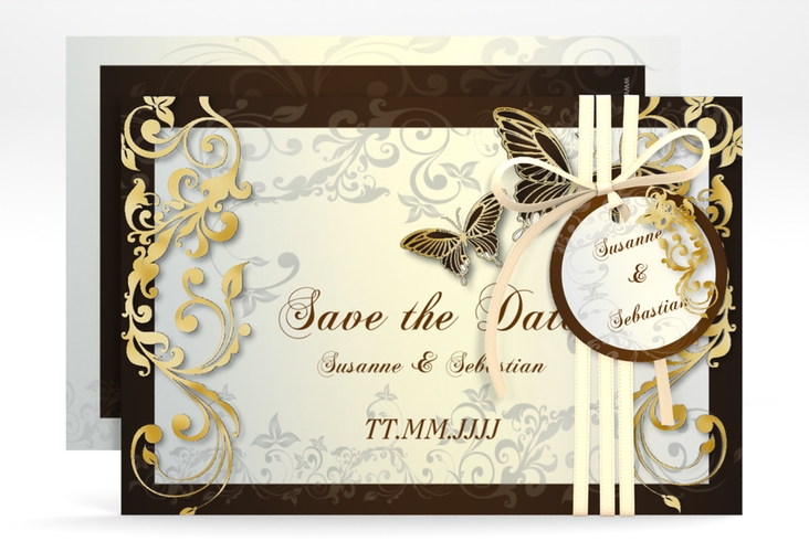 Save the Date-Karte Hochzeit Toulouse A6 Karte quer braun gold romantisch mit Schmetterlingen
