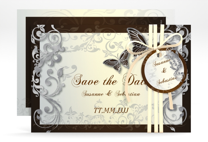 Save the Date-Karte Hochzeit Toulouse A6 Karte quer braun silber romantisch mit Schmetterlingen