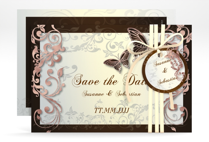 Save the Date-Karte Hochzeit Toulouse A6 Karte quer braun rosegold romantisch mit Schmetterlingen