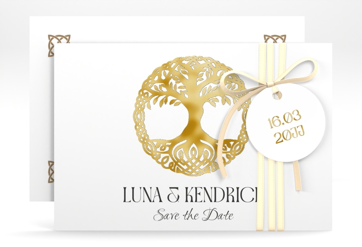 Save the Date-Karte Lebensbaum A6 Karte quer weiss gold im Stil der Kelten und Wikinger