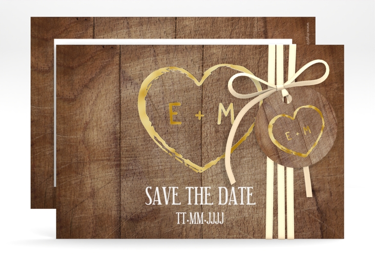 Save the Date-Karte Wood A6 Karte quer braun gold in Holz-Optik mit Herz und Initialen