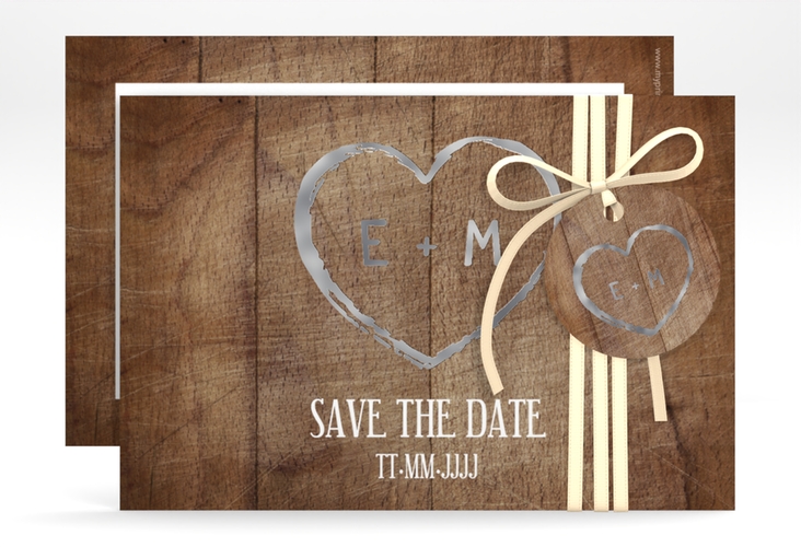 Save the Date-Karte Wood A6 Karte quer braun silber in Holz-Optik mit Herz und Initialen