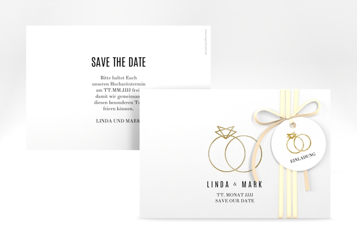 Save the Date-Karte Rings A6 Karte quer weiss gold
