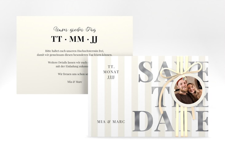 Save the Date-Karte Streifen A6 Karte quer beige silber