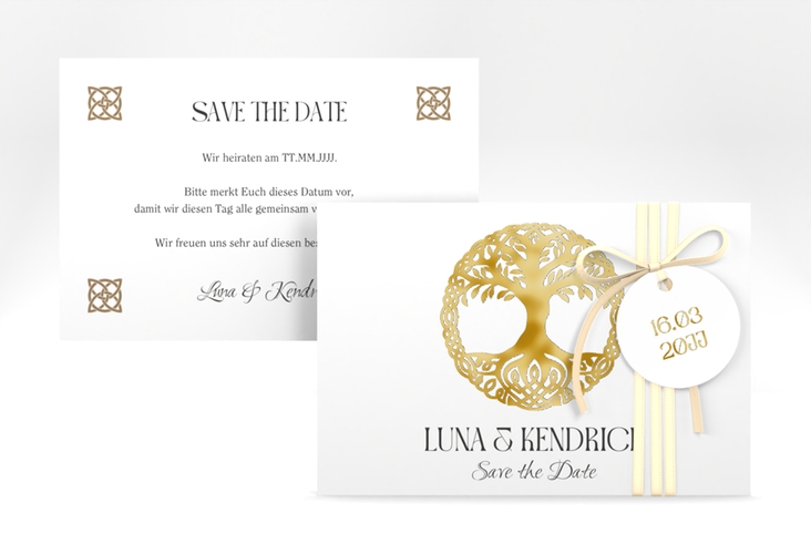 Save the Date-Karte Lebensbaum A6 Karte quer weiss gold im Stil der Kelten und Wikinger