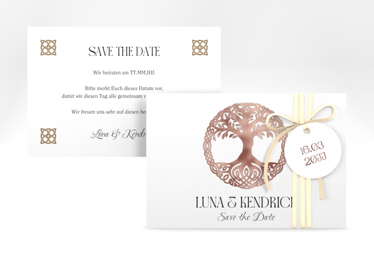 Save the Date-Karte Lebensbaum A6 Karte quer weiss rosegold im Stil der Kelten und Wikinger