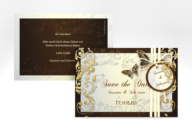 Save the Date-Karte Hochzeit Toulouse A6 Karte quer braun gold romantisch mit Schmetterlingen