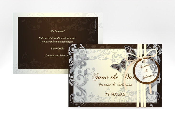 Save the Date-Karte Hochzeit Toulouse A6 Karte quer braun silber romantisch mit Schmetterlingen