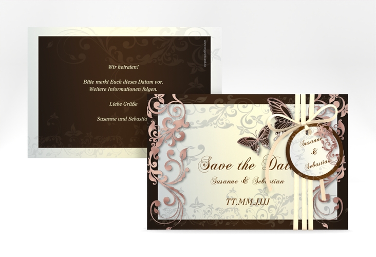 Save the Date-Karte Hochzeit Toulouse A6 Karte quer braun rosegold romantisch mit Schmetterlingen