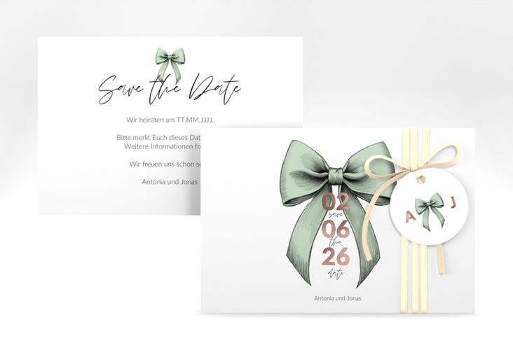 Save the Date-Karte Schleife A6 Karte quer gruen rosegold