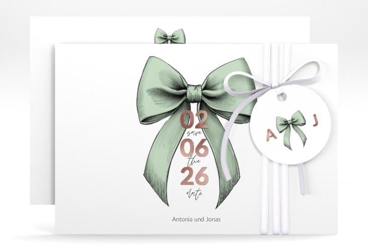 Save the Date-Karte Schleife A6 Karte quer gruen rosegold
