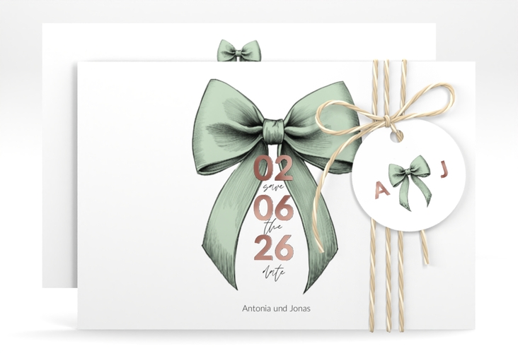 Save the Date-Karte Schleife A6 Karte quer gruen rosegold