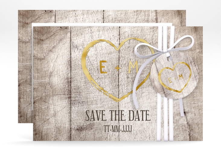 Save the Date-Karte Wood A6 Karte quer weiss gold in Holz-Optik mit Herz und Initialen