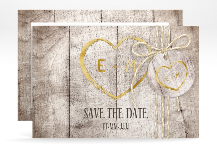 Save the Date-Karte Wood A6 Karte quer weiss gold in Holz-Optik mit Herz und Initialen
