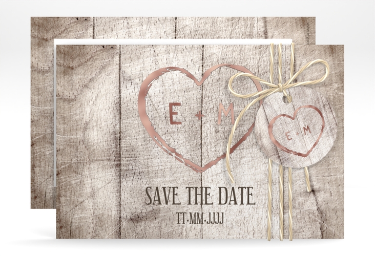 Save the Date-Karte Wood A6 Karte quer weiss rosegold in Holz-Optik mit Herz und Initialen
