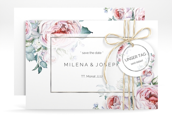 Save the Date-Karte Embrace A6 Karte quer weiss silber