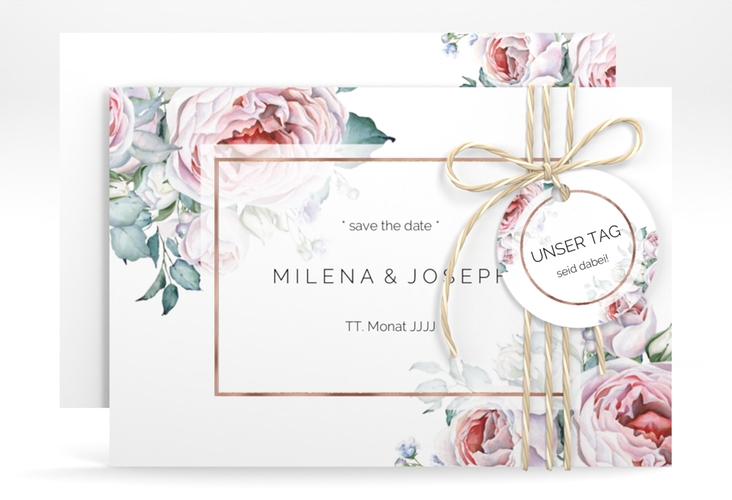 Save the Date-Karte Embrace A6 Karte quer weiss rosegold