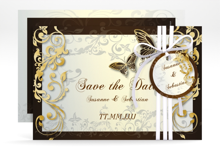 Save the Date-Karte Hochzeit Toulouse A6 Karte quer braun gold romantisch mit Schmetterlingen