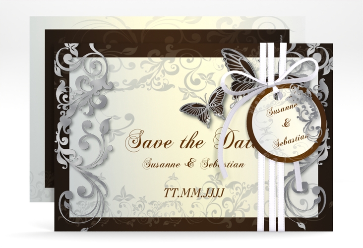 Save the Date-Karte Hochzeit Toulouse A6 Karte quer braun silber romantisch mit Schmetterlingen