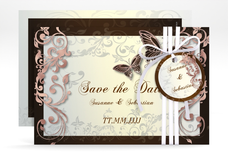 Save the Date-Karte Hochzeit Toulouse A6 Karte quer braun rosegold romantisch mit Schmetterlingen